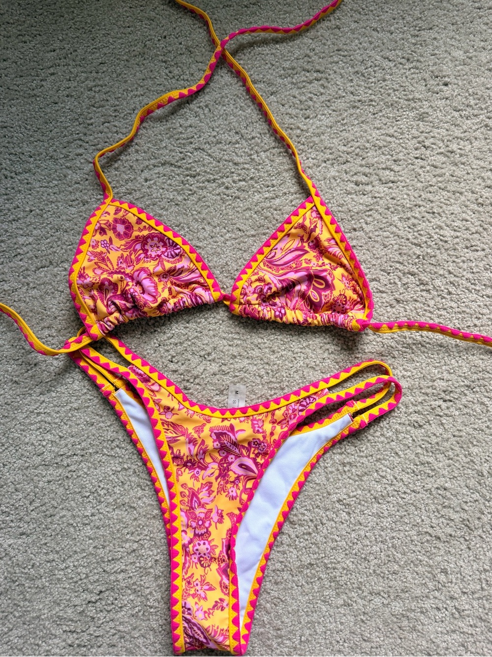 SHEIN Yellow and Hot Pink Paisley Triangle Bikini